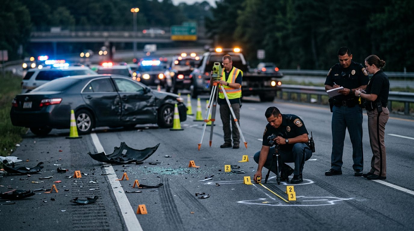Investigación nocturna de accidente vehicular con oficiales de policía y equipo de reconstrucción.