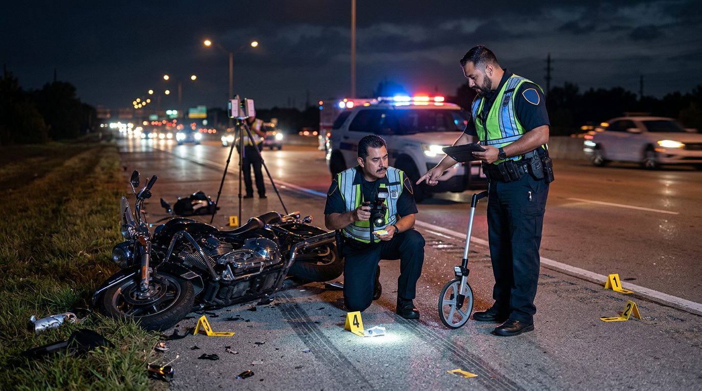 Investigación nocturna de accidente vehicular con oficiales de policía y equipo de reconstrucción.