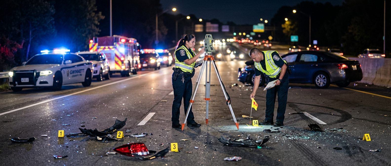 Investigación nocturna de accidente vehicular con oficiales de policía y equipo de reconstrucción.