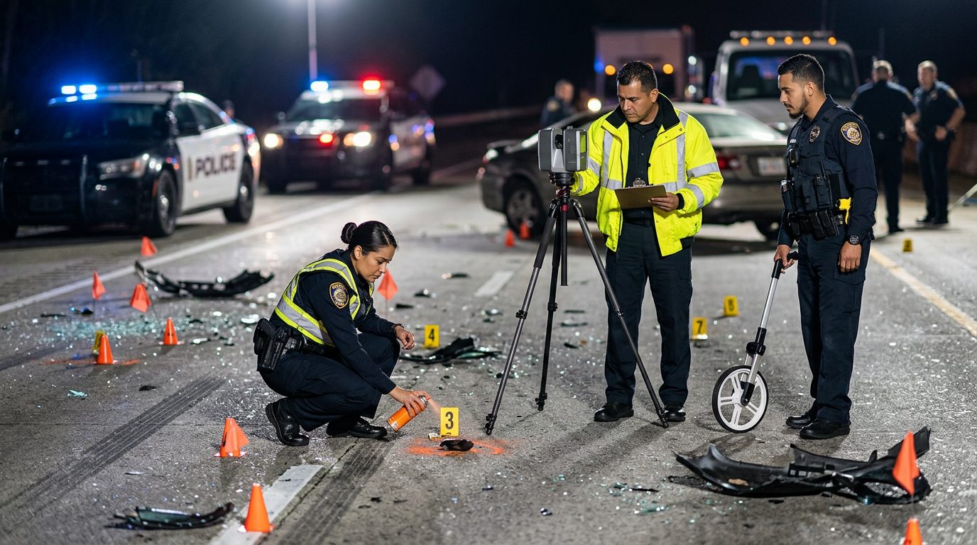 Investigación nocturna de accidente vehicular con policías, equipo de reconstrucción y escombros marcados como evidencia.
