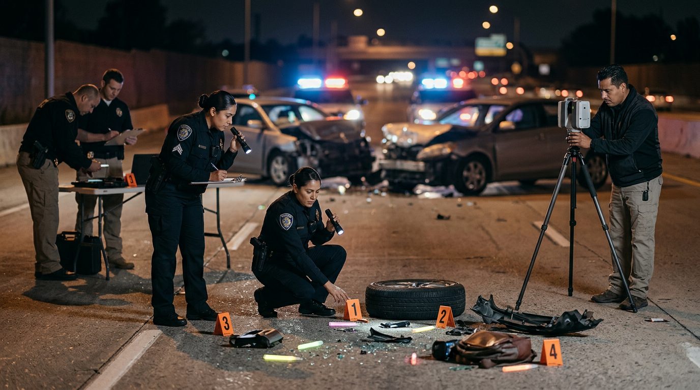 Investigación nocturna de accidente vehicular con policías, equipo de reconstrucción y escombros marcados.