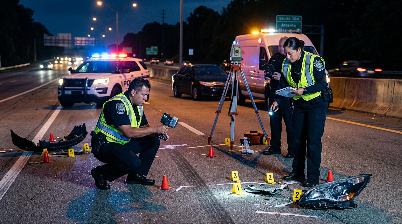 Investigación nocturna de accidente vehicular con policías, equipo de reconstrucción y escombros marcados.