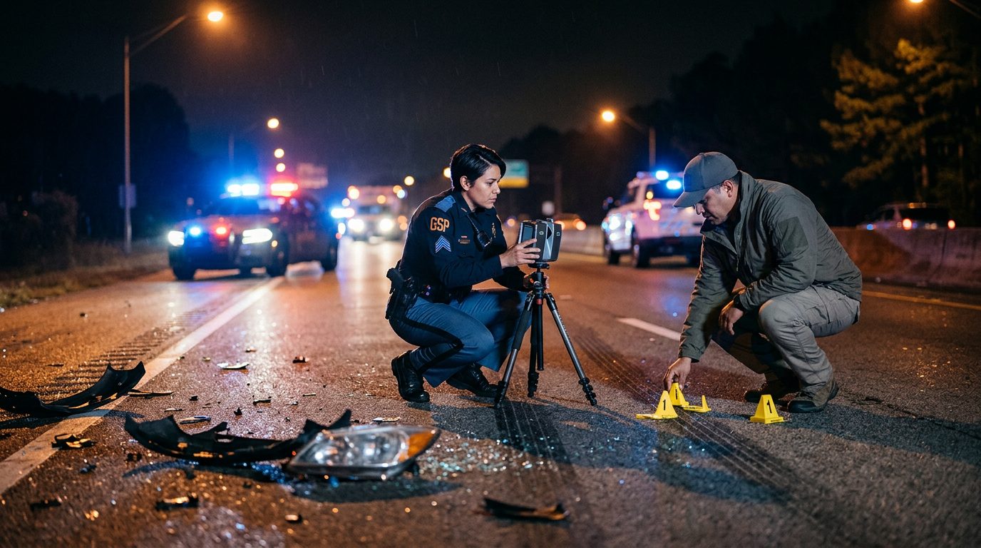 Investigación nocturna de accidente vehicular con policías, equipo de reconstrucción y escombros marcados como evidencia.
