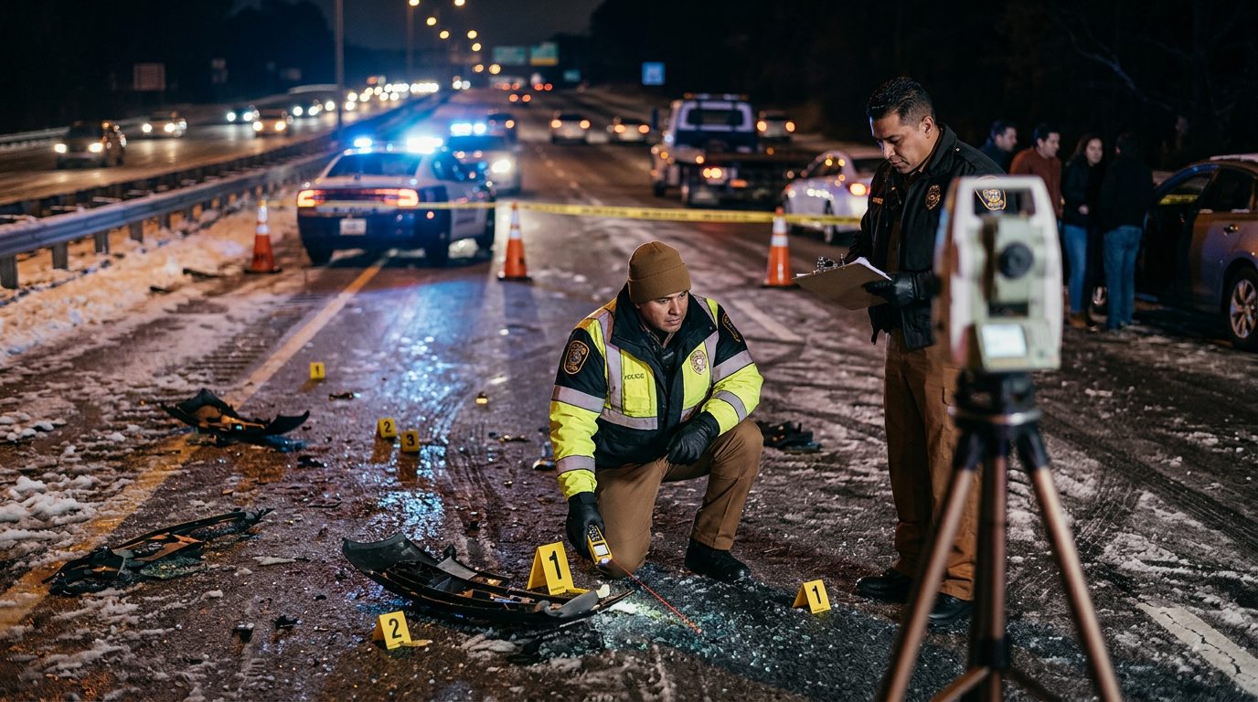 Investigación nocturna de accidente vehicular con policías, equipo de reconstrucción y escombros marcados.