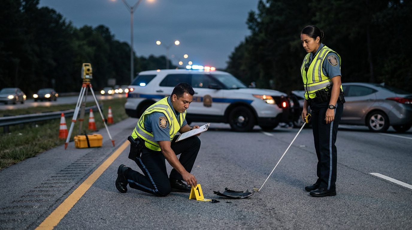 Investigación nocturna de accidente vehicular con policías, equipo de reconstrucción y escombros marcados.