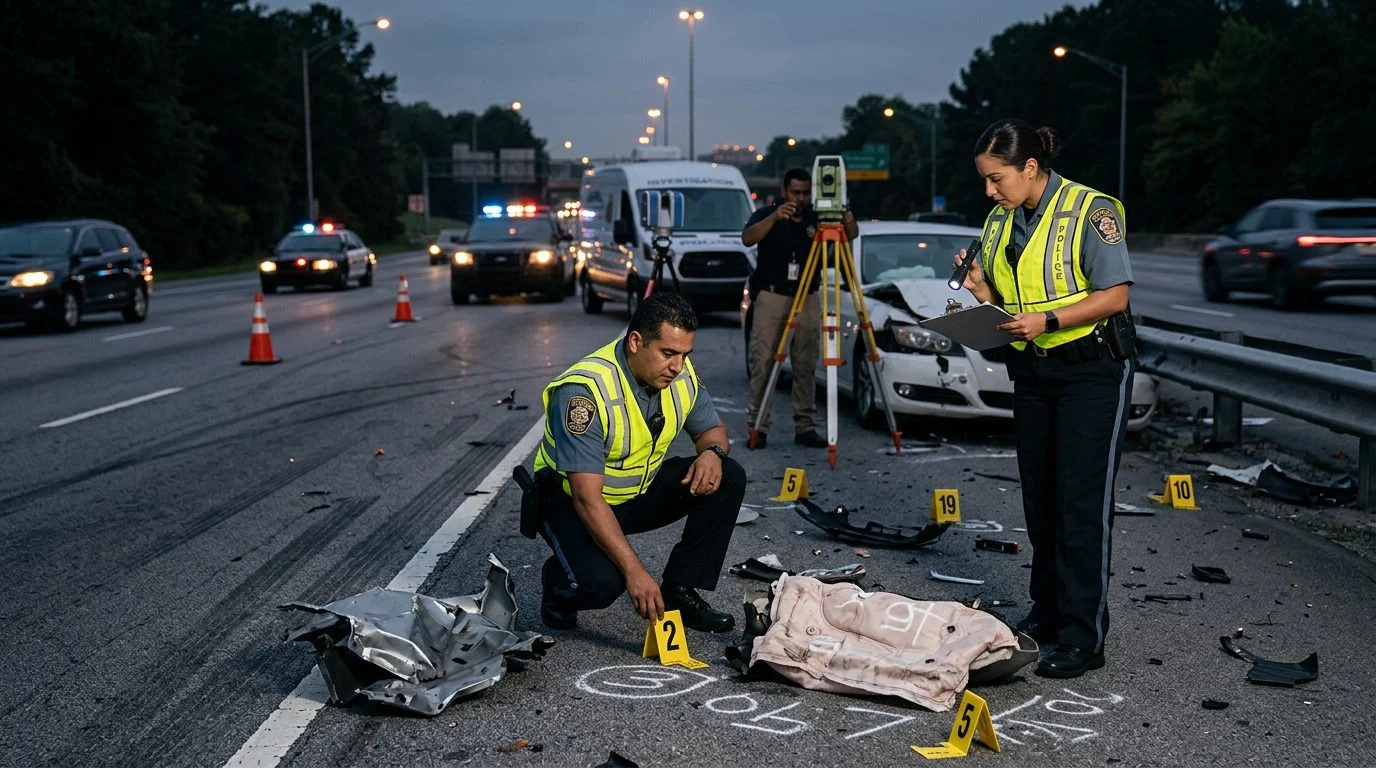 Investigación nocturna de accidente vehicular con policías, equipo de reconstrucción y escombros marcados como evidencia.