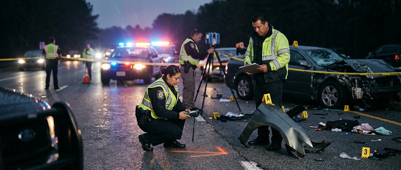 Investigación nocturna de accidente vehicular con policías, equipo de reconstrucción y escombros marcados como evidencia.
