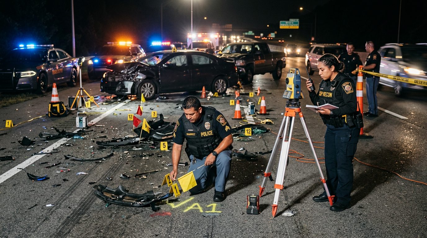 Investigación nocturna de accidente vehicular con policías, equipo de reconstrucción y escombros marcados.