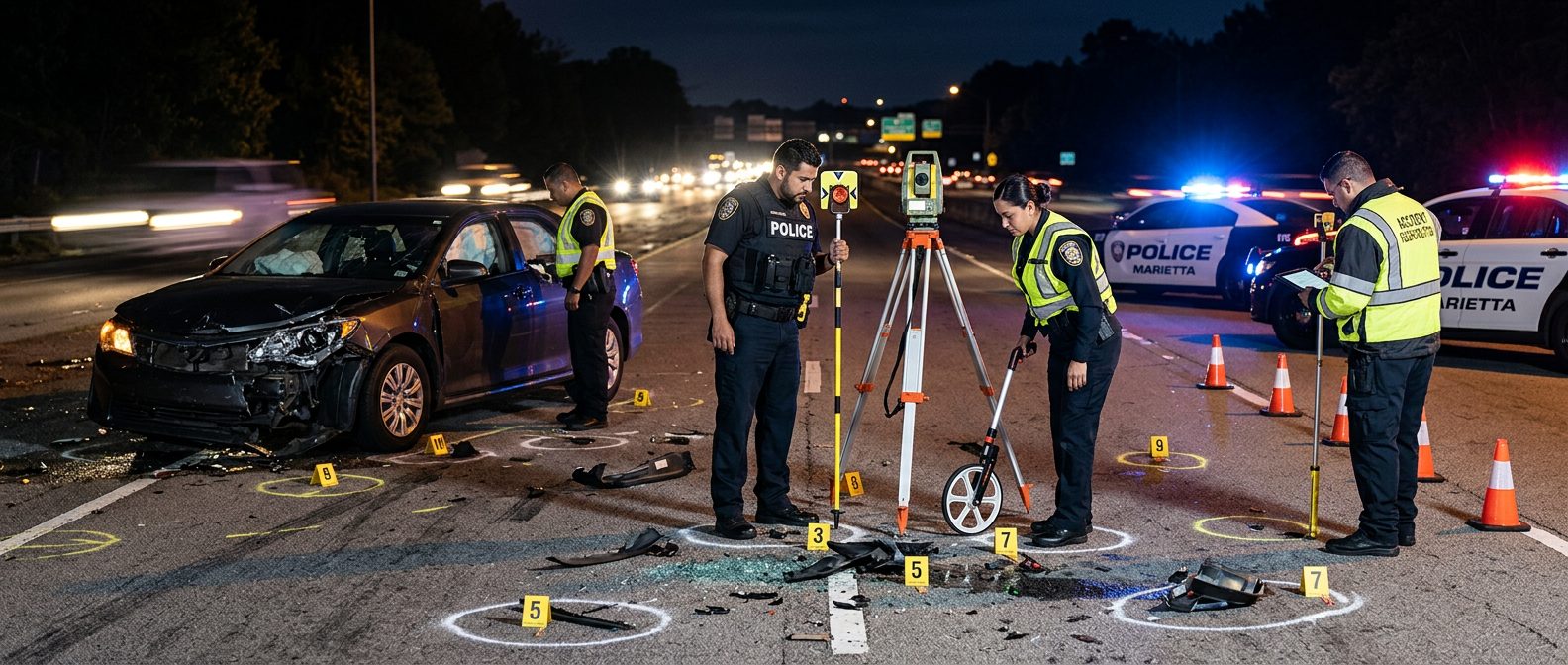Investigación nocturna de accidente vehicular con policías, equipo de reconstrucción y escombros marcados como evidencia.