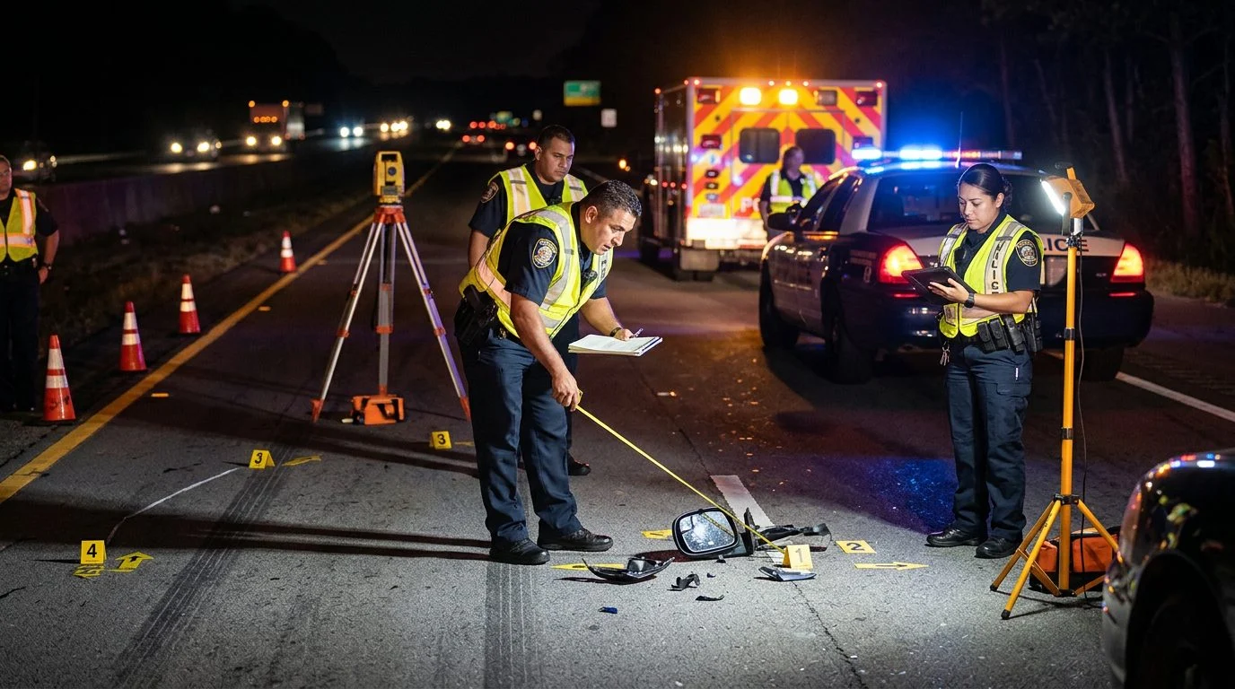 Investigación nocturna de accidente vehicular con policías, equipo de reconstrucción y escombros marcados.