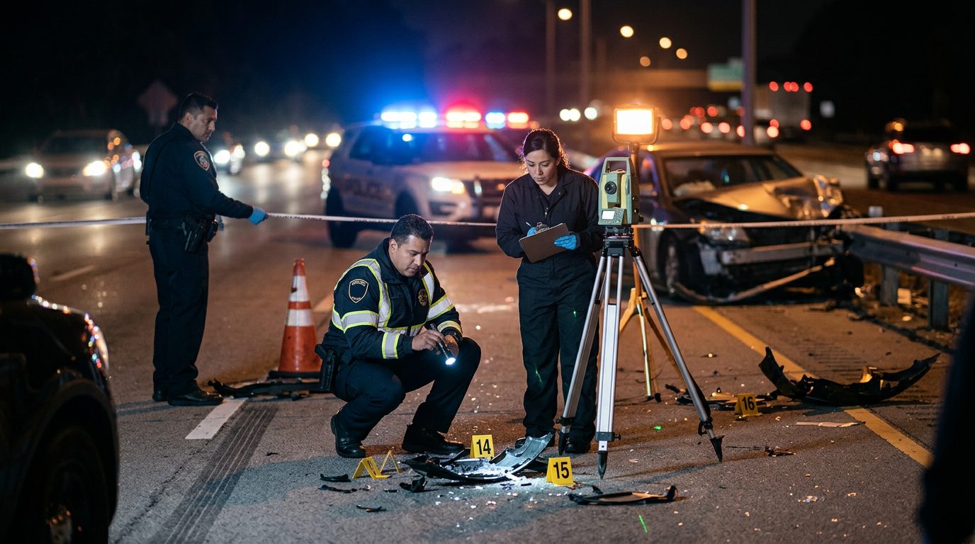 Investigación nocturna de accidente vehicular con policías, equipo de reconstrucción y escombros marcados como evidencia.
