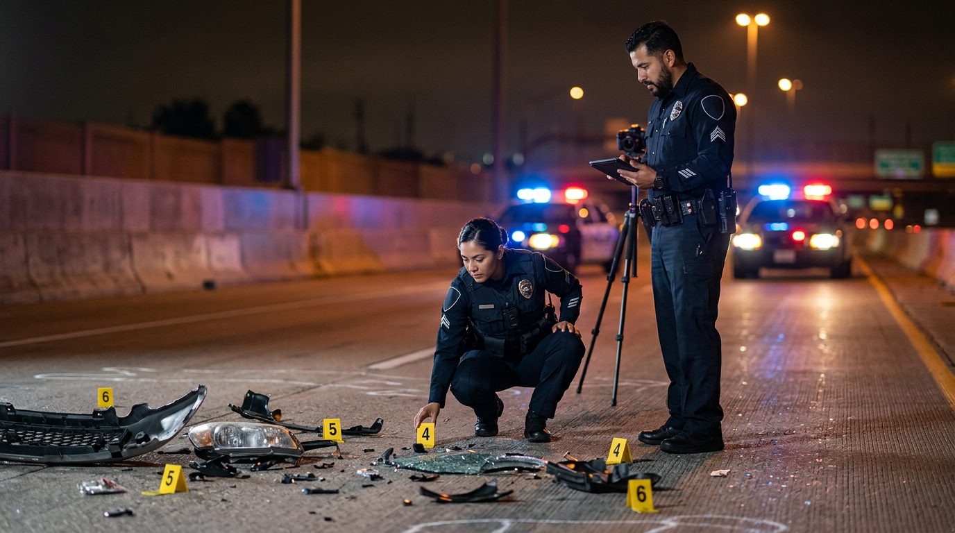 Investigación nocturna de accidente vehicular con policías, equipo de reconstrucción y escombros marcados como evidencia.