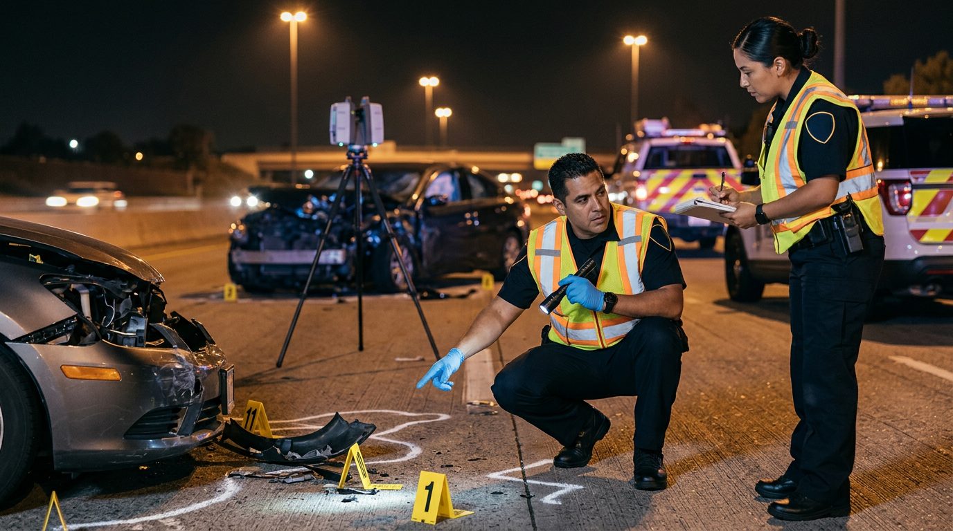 Investigación nocturna de accidente vehicular con policías, equipo de reconstrucción y escombros marcados.