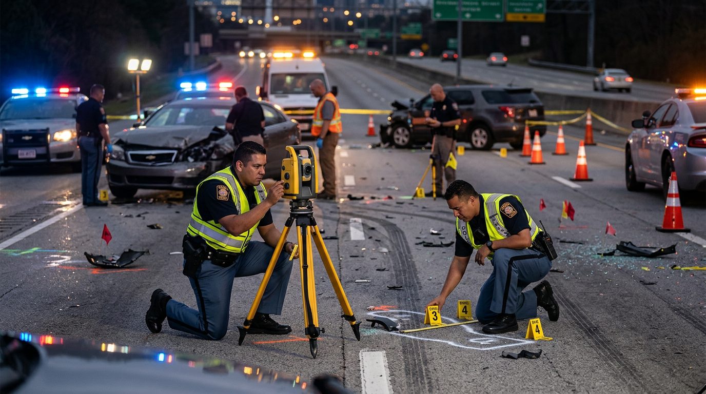 Investigación nocturna de accidente vehicular con policías, equipo de reconstrucción y escombros marcados como evidencia.