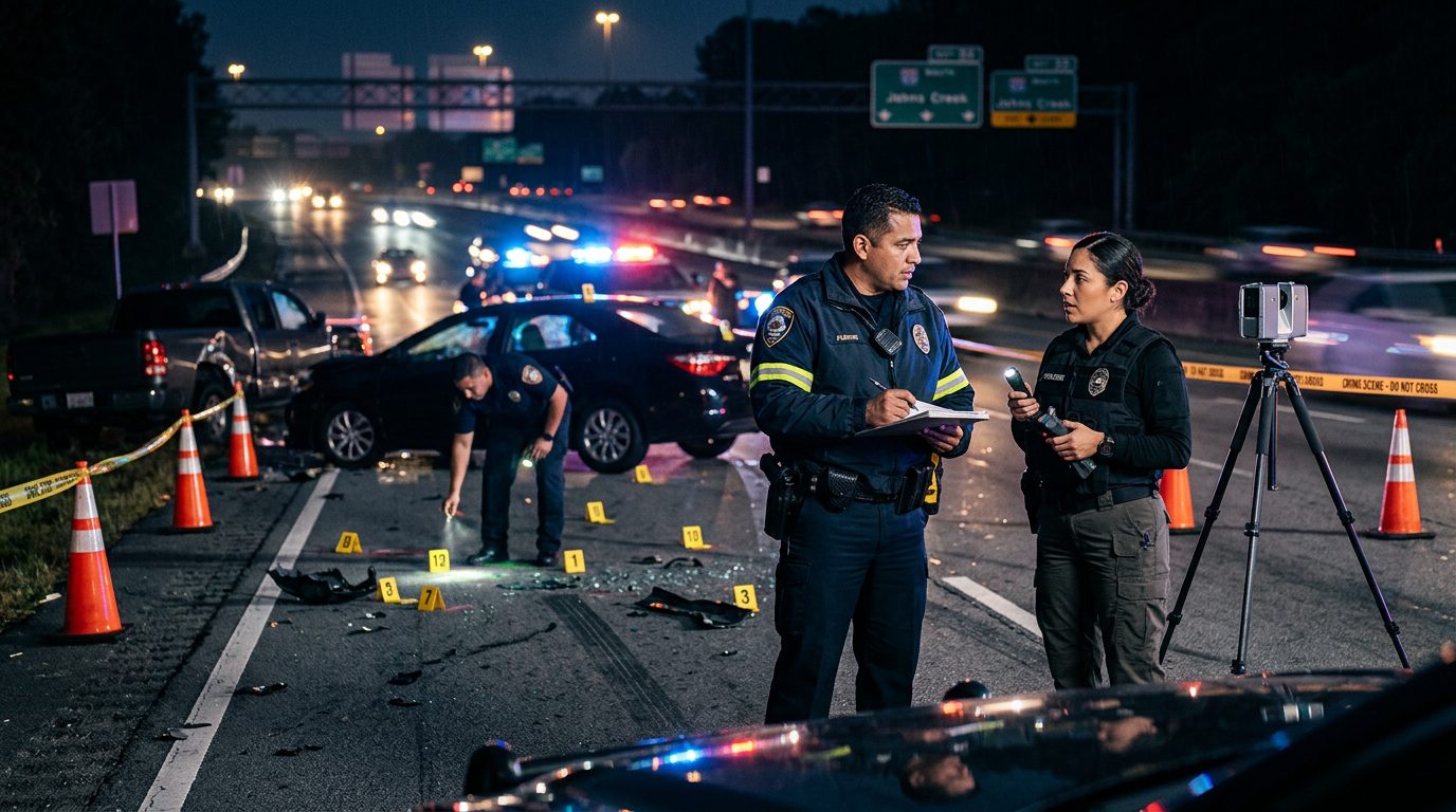 Investigación nocturna de accidente vehicular con policías, equipo de reconstrucción y escombros marcados.