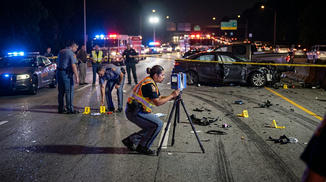Investigación nocturna de accidente vehicular con policías, equipo de reconstrucción y escombros marcados como evidencia.