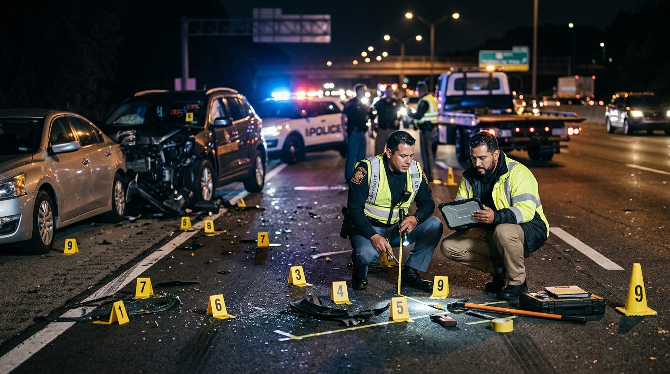 Investigación nocturna de accidente vehicular con policías, equipo de reconstrucción y escombros marcados.