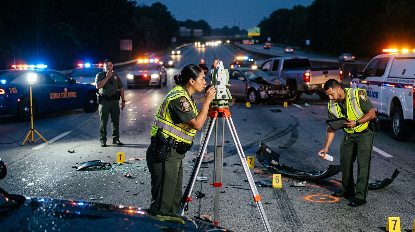 Investigación nocturna de accidente vehicular con policías, equipo de reconstrucción y escombros marcados como evidencia.