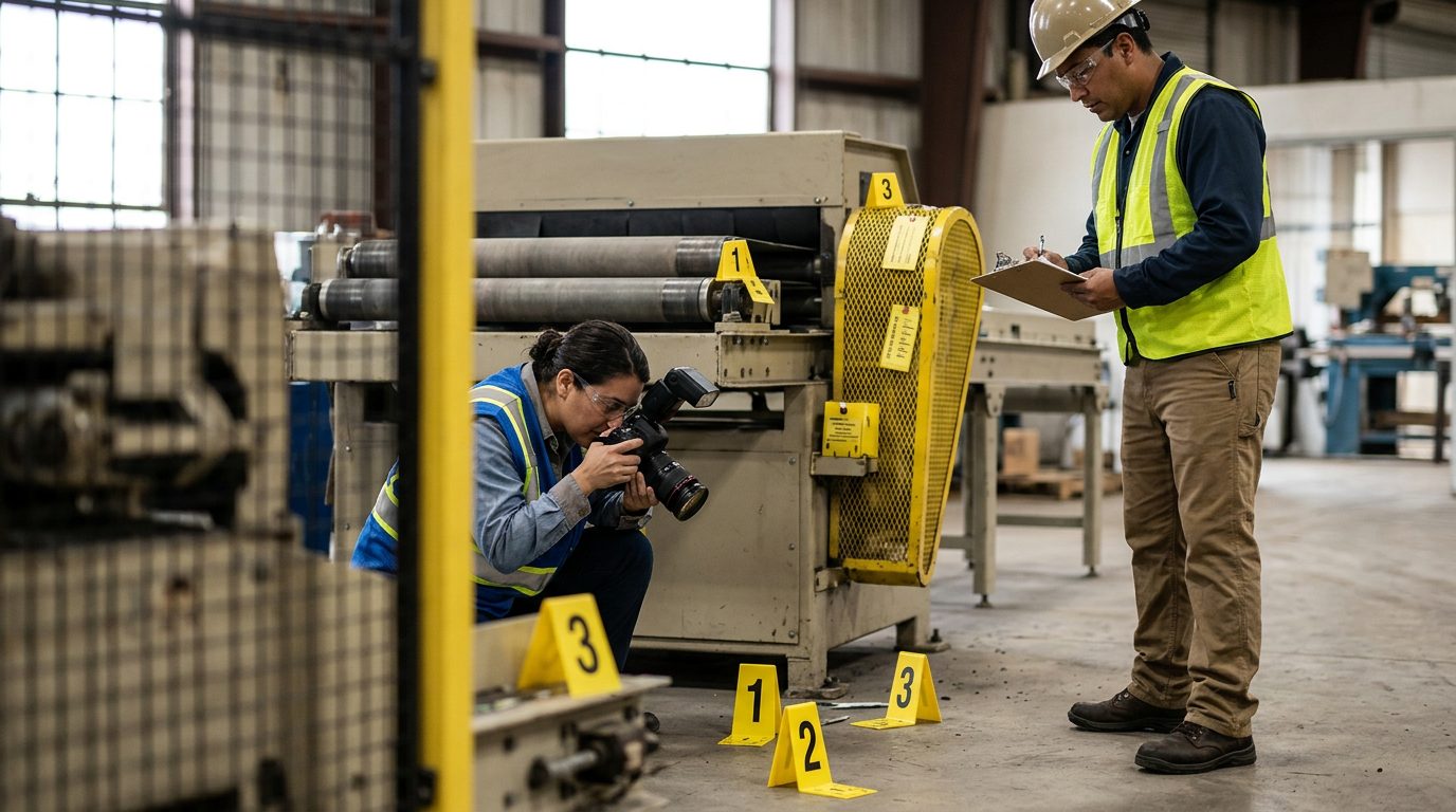 Investigadores documentan condiciones de accidente fatal en lugar de trabajo con maquinaria y marcadores de evidencia.