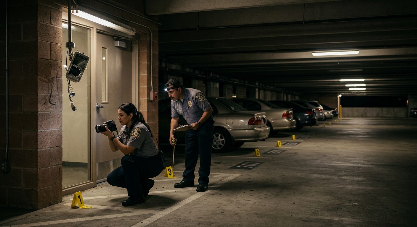 Investigadores documentan deficiencias de seguridad en estacionamiento con iluminación inadecuada y cámaras rotas.