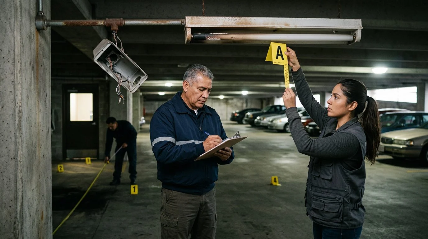 Investigadores documentan deficiencias de seguridad en estacionamiento oscuro con cámaras rotas y marcadores de evidencia.