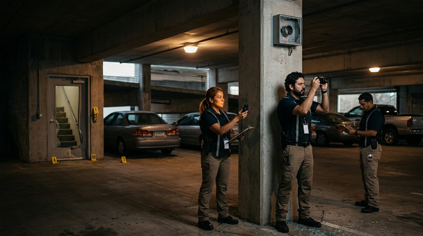 Investigadores documentan deficiencias de seguridad en estacionamiento oscuro con cámaras rotas y marcadores de evidencia.