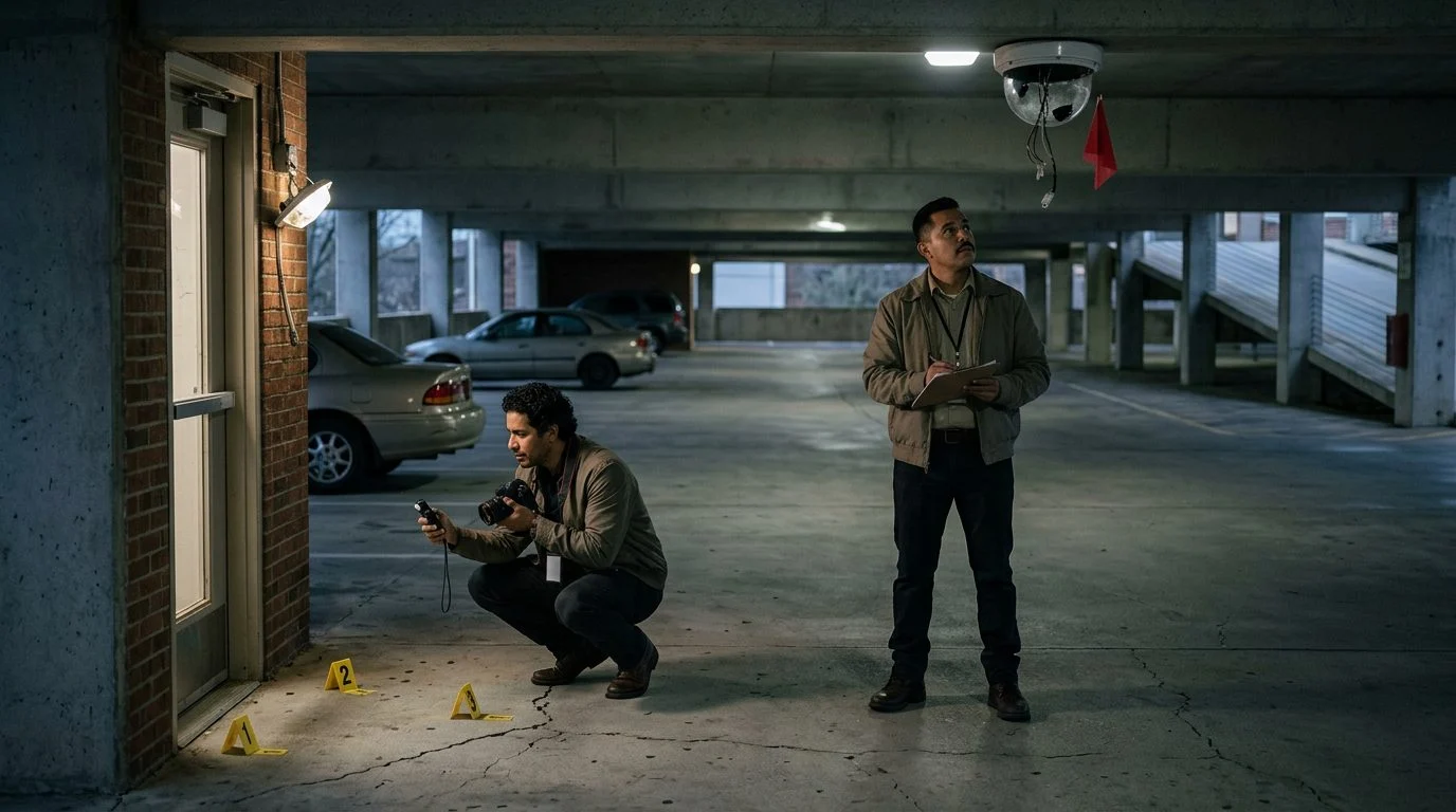 Investigadores documentan deficiencias de seguridad en estacionamiento: iluminación insuficiente y cámaras de vigilancia dañadas.