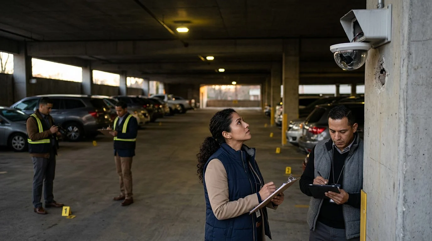 Investigadores documentan deficiencias de seguridad en garaje de estacionamiento con iluminación insuficiente y cámaras dañadas.