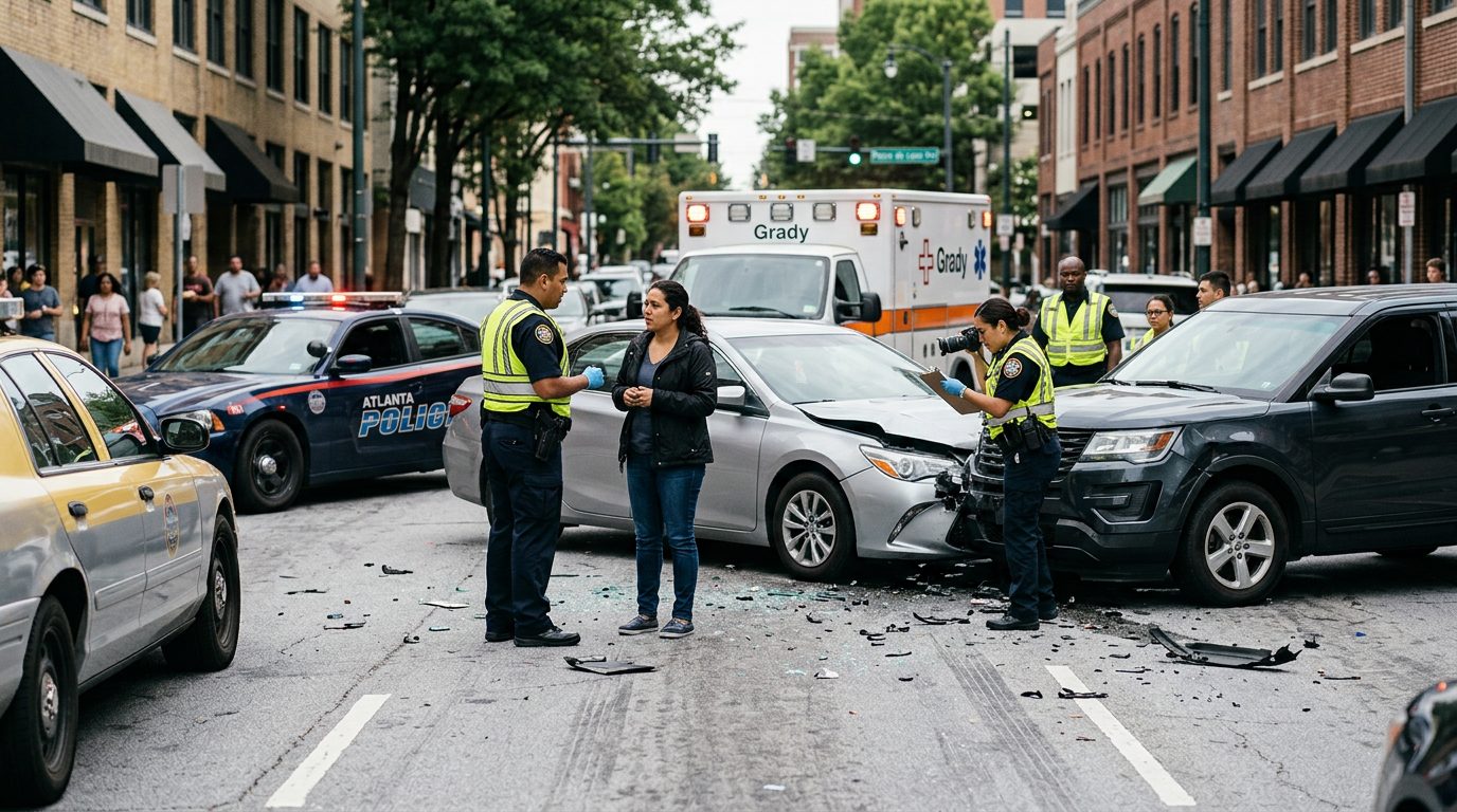Investigadores documentan escena de accidente vehicular en calle urbana con vehículos dañados.