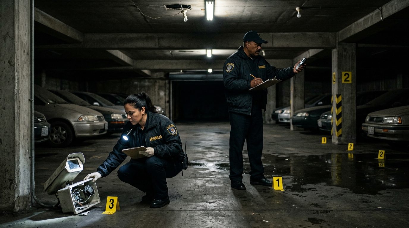 Investigadores documentan iluminación deficiente y cámaras rotas en estacionamiento oscuro para caso de responsabilidad.