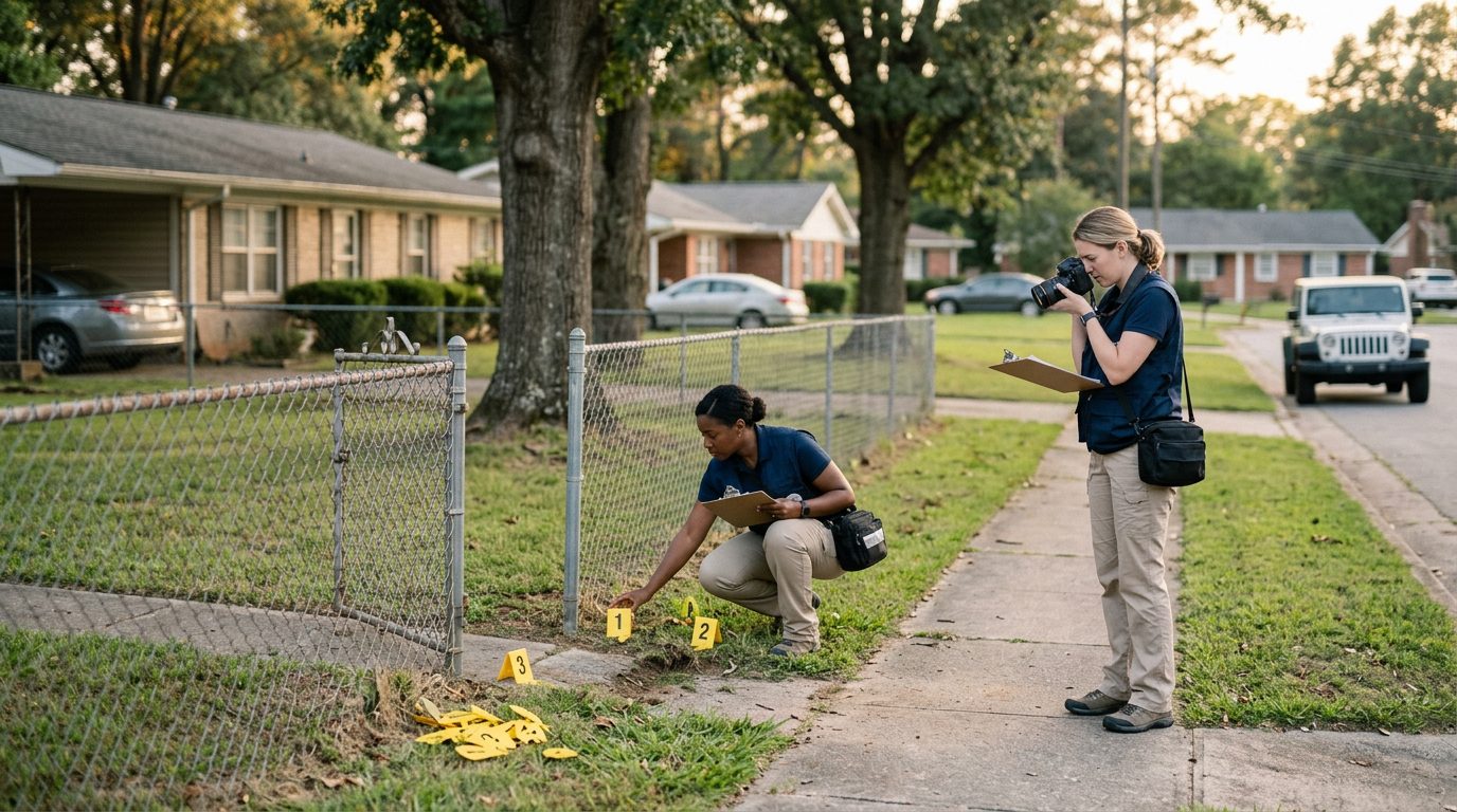 Investigators document a dog bite incident scene on a residential street with evidence markers and property details.