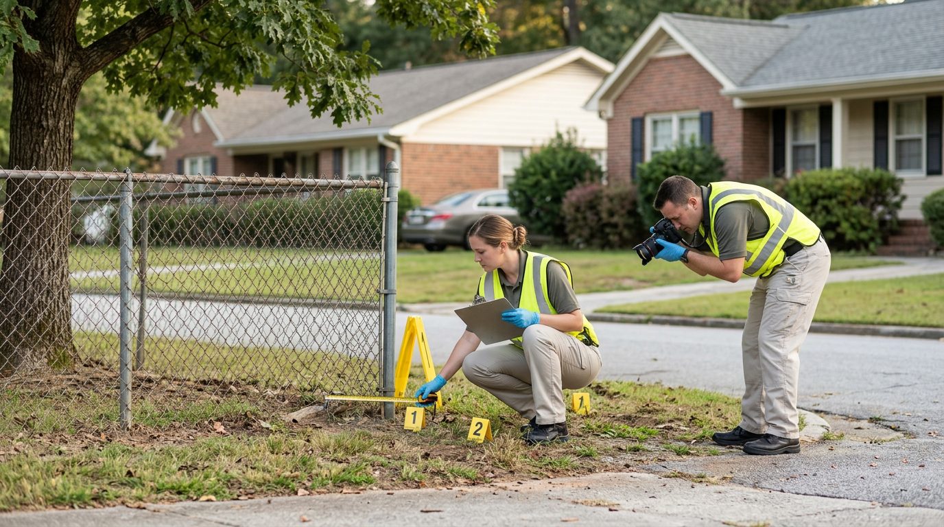 Investigators document a dog bite incident scene on a residential street with evidence markers and property details.