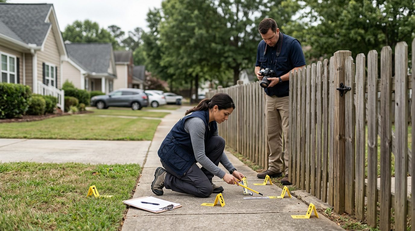 Investigators document a dog bite incident scene on a residential street, examining property and fencing conditions.