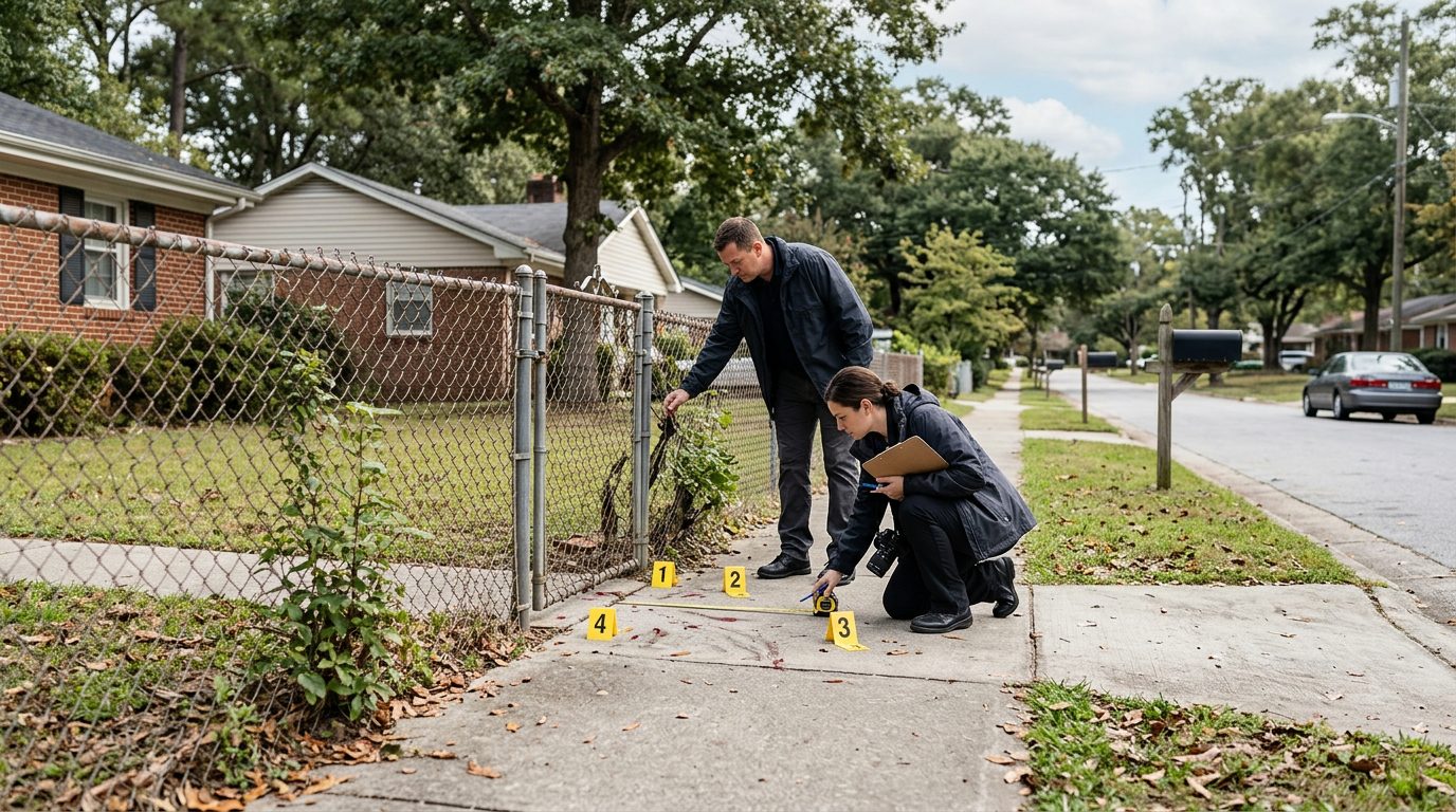 Investigators document a dog bite incident scene on a residential street with evidence markers and property details.