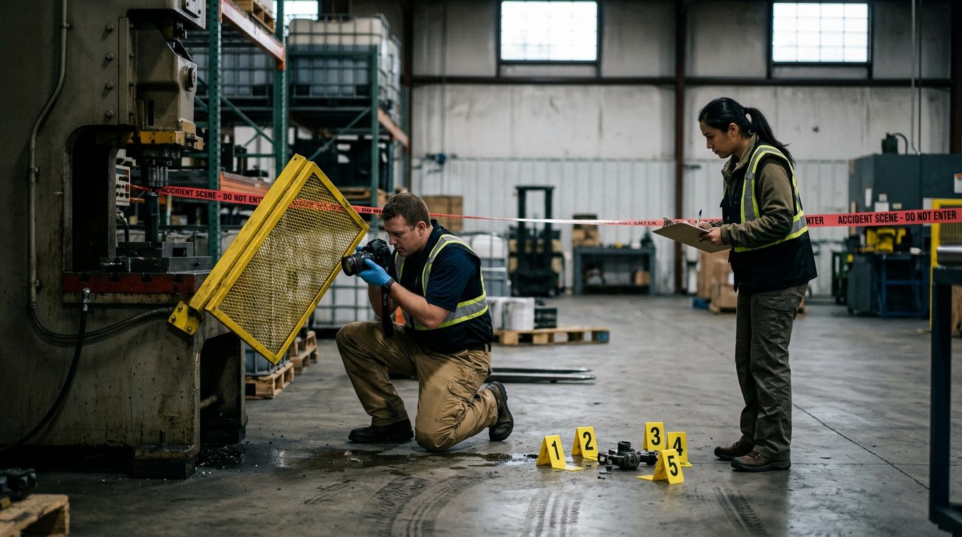 Investigators document evidence at a fatal accident scene with safety equipment and markers.