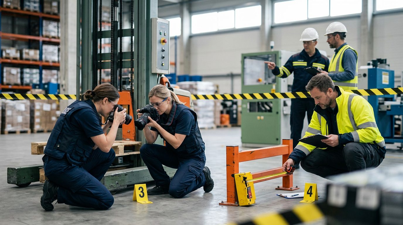 Investigators document fatal workplace accident scene with machinery, safety equipment, and evidence markers.