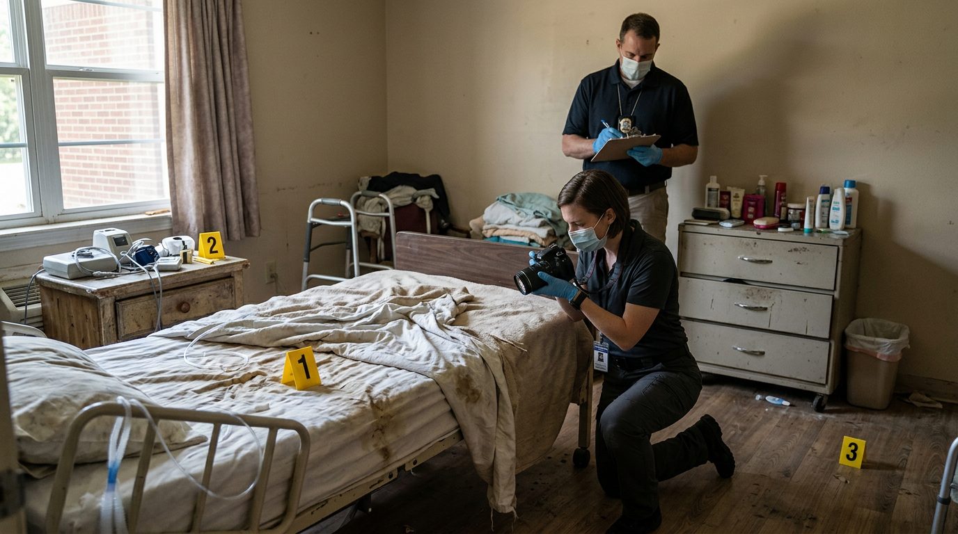 Investigators document neglect conditions in a nursing home room with evidence markers and photographs.
