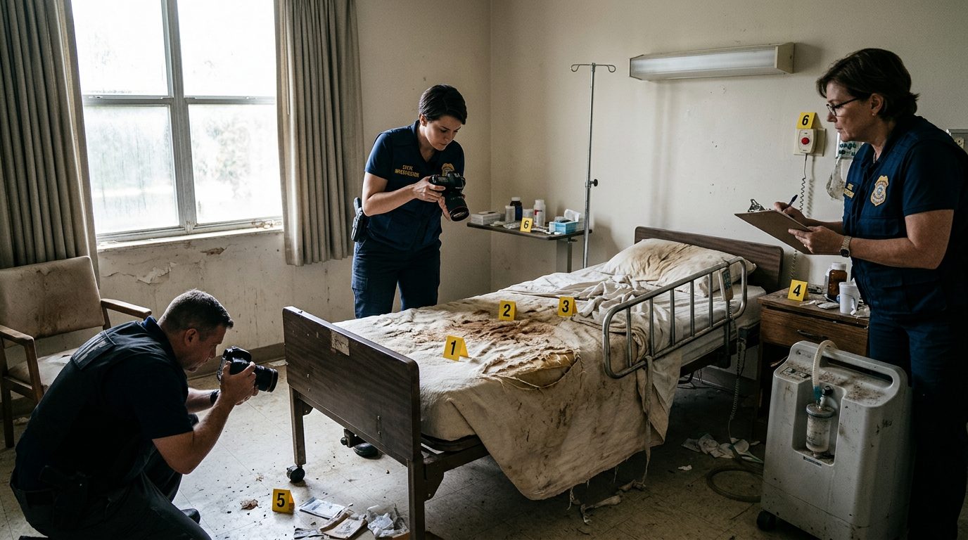 Investigators document neglect conditions in a nursing home room with evidence markers and photographs.