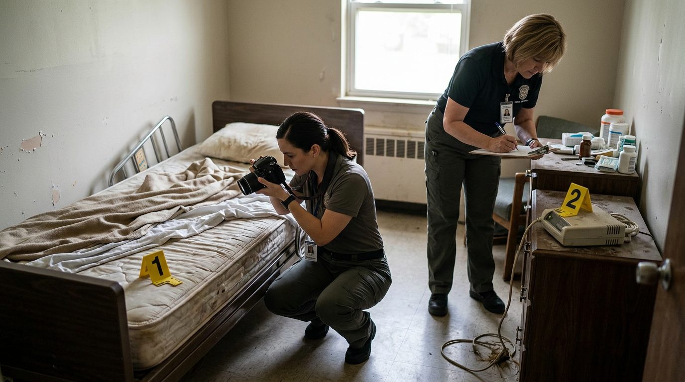 Investigators document neglect conditions in a nursing home room with evidence markers and photographs.