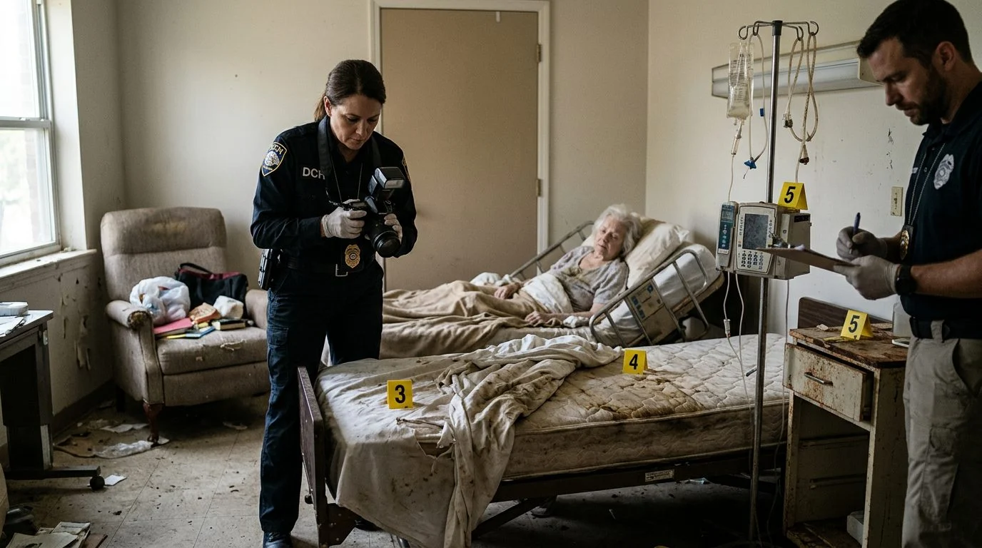 Investigators document neglect conditions in a nursing home room, photographing bedding, hygiene standards, and medical equipment.