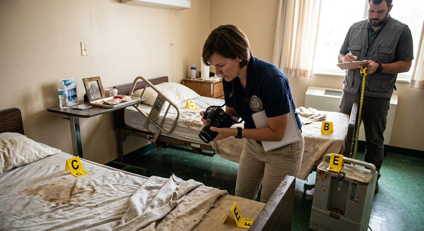 Investigators document neglect conditions in a nursing home room with evidence markers and photographs.