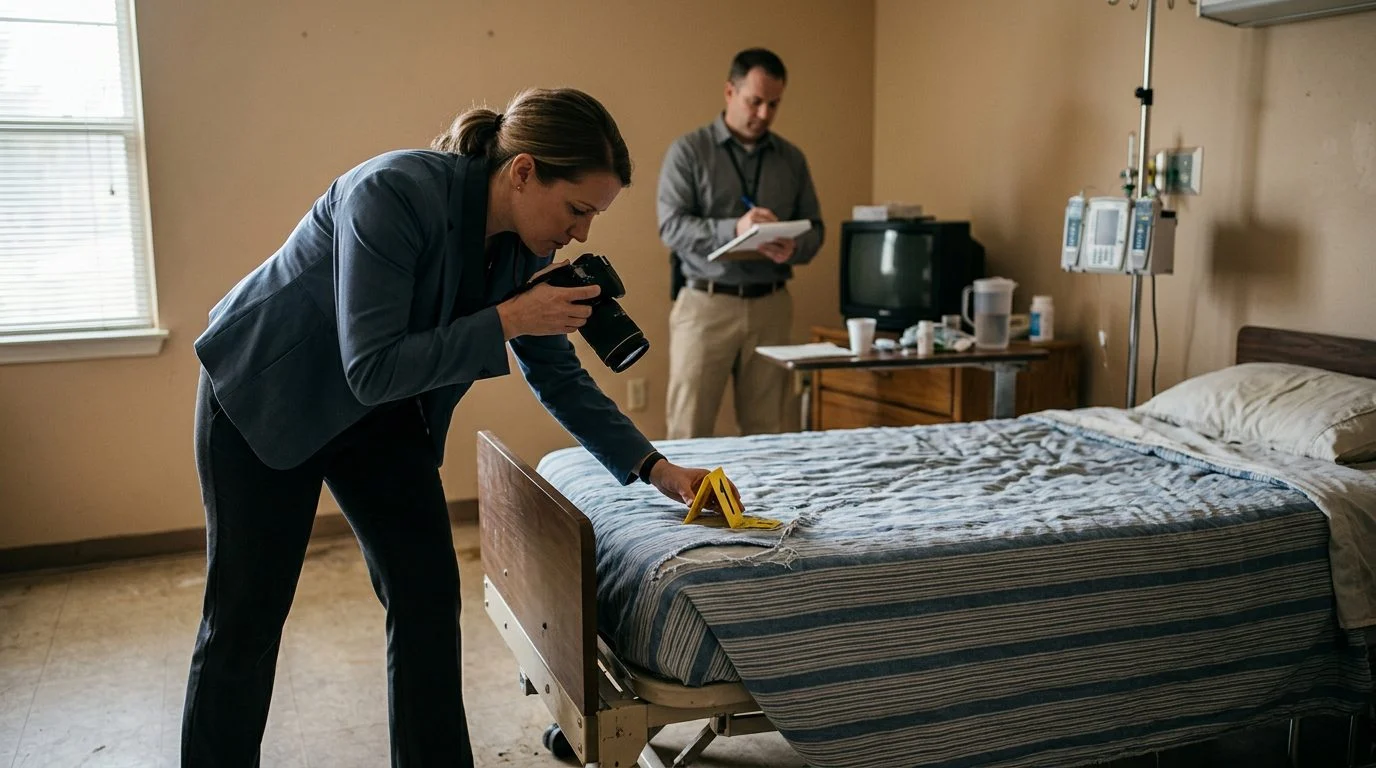 Investigators document neglect conditions in nursing home resident room with evidence markers.