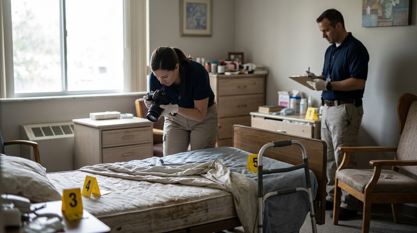 Investigators document neglect evidence in a nursing home room, photographing bedding, hygiene conditions, and medical equipment.