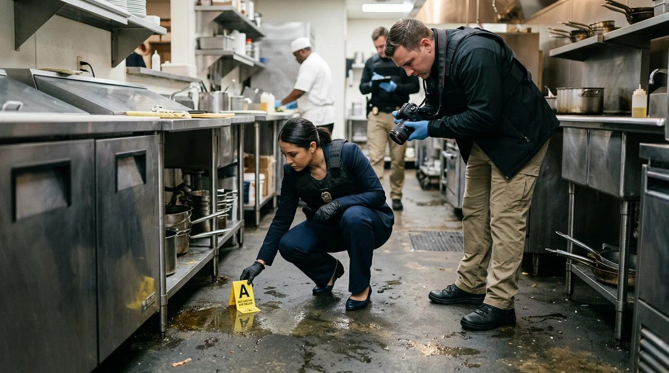 Investigators document slip and fall hazards in commercial kitchen with wet floors and evidence markers.