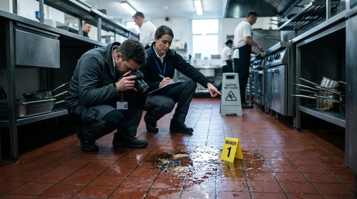 Investigators document wet commercial kitchen floor with evidence markers and grease buildup.