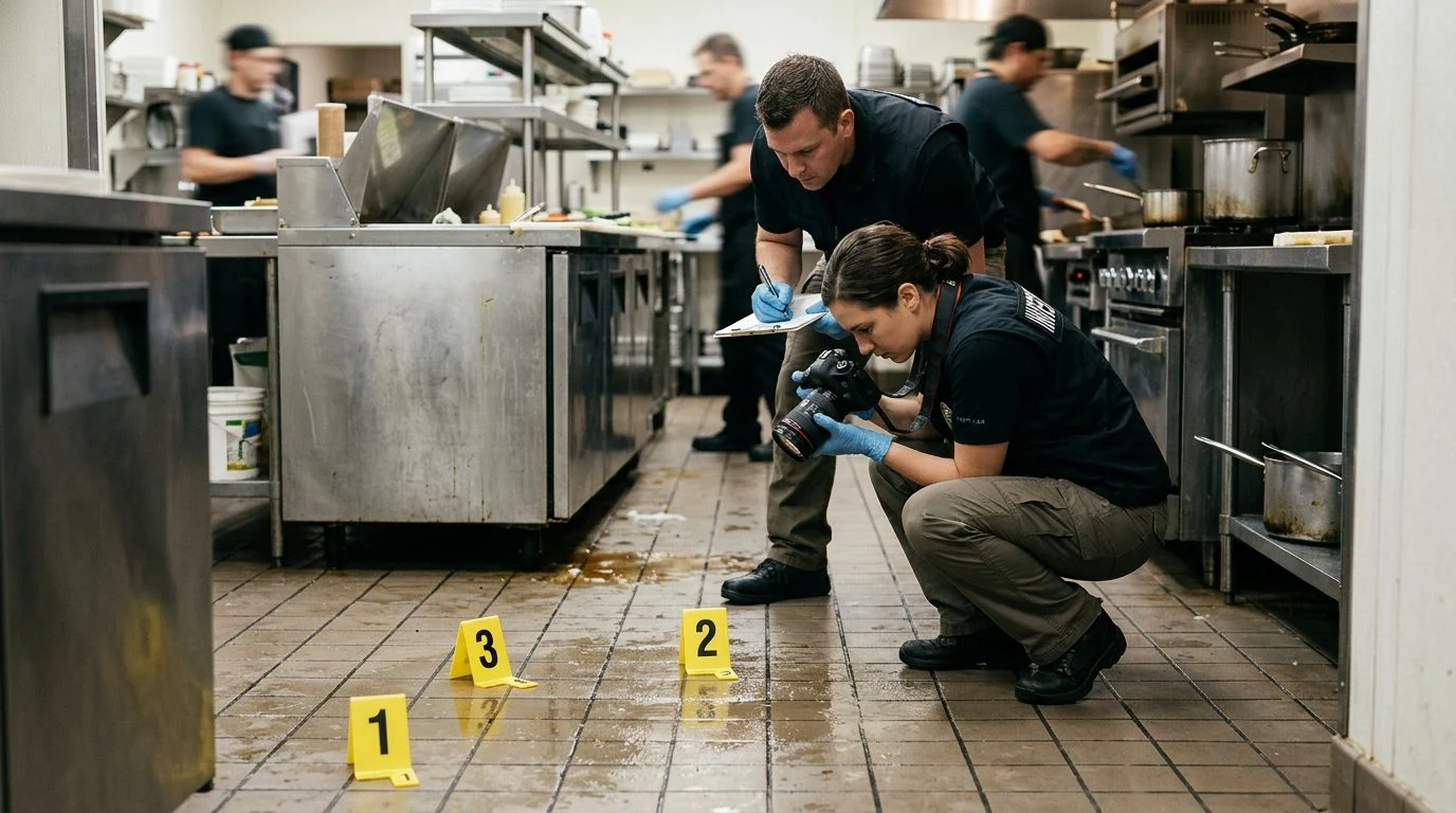 Investigators document wet commercial kitchen floor with grease buildup and missing non-slip matting at slip and fall incident site.