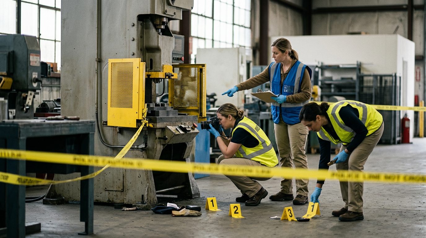 Investigators document workplace accident scene with safety equipment and evidence markers.