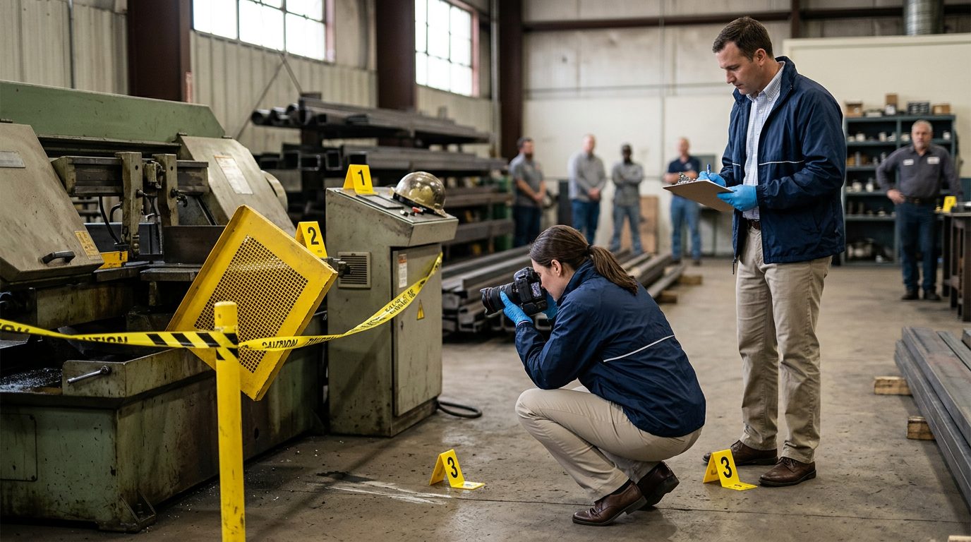 Investigators document workplace accident scene with safety equipment and evidence markers.