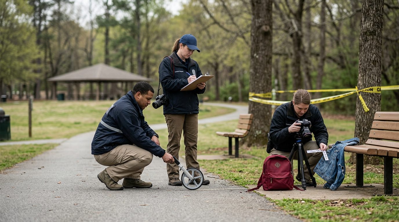 Investigators documenting a dog bite incident scene in a public park with measurements and evidence photography.