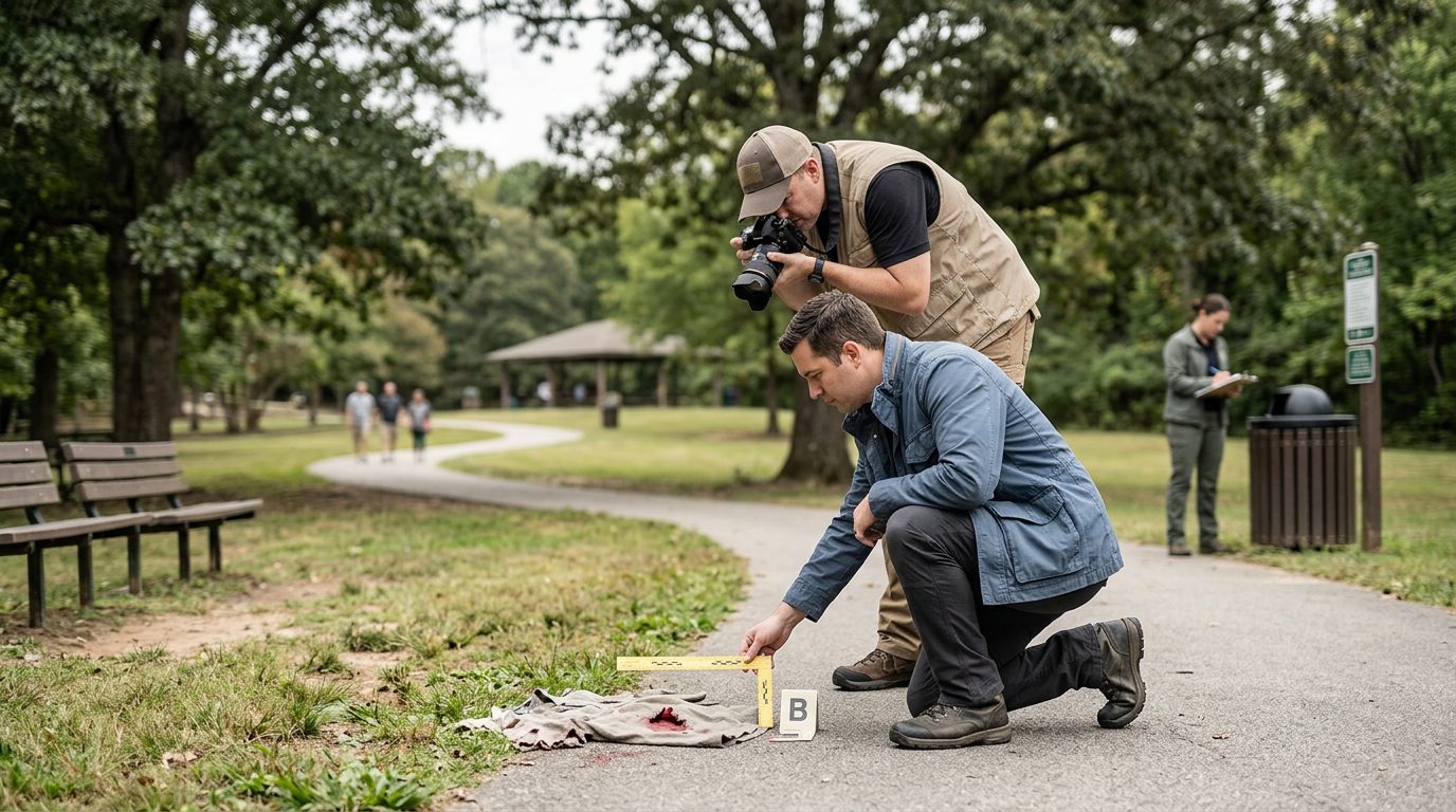 Investigators documenting a dog bite incident scene in a public park with measurements and evidence photography.